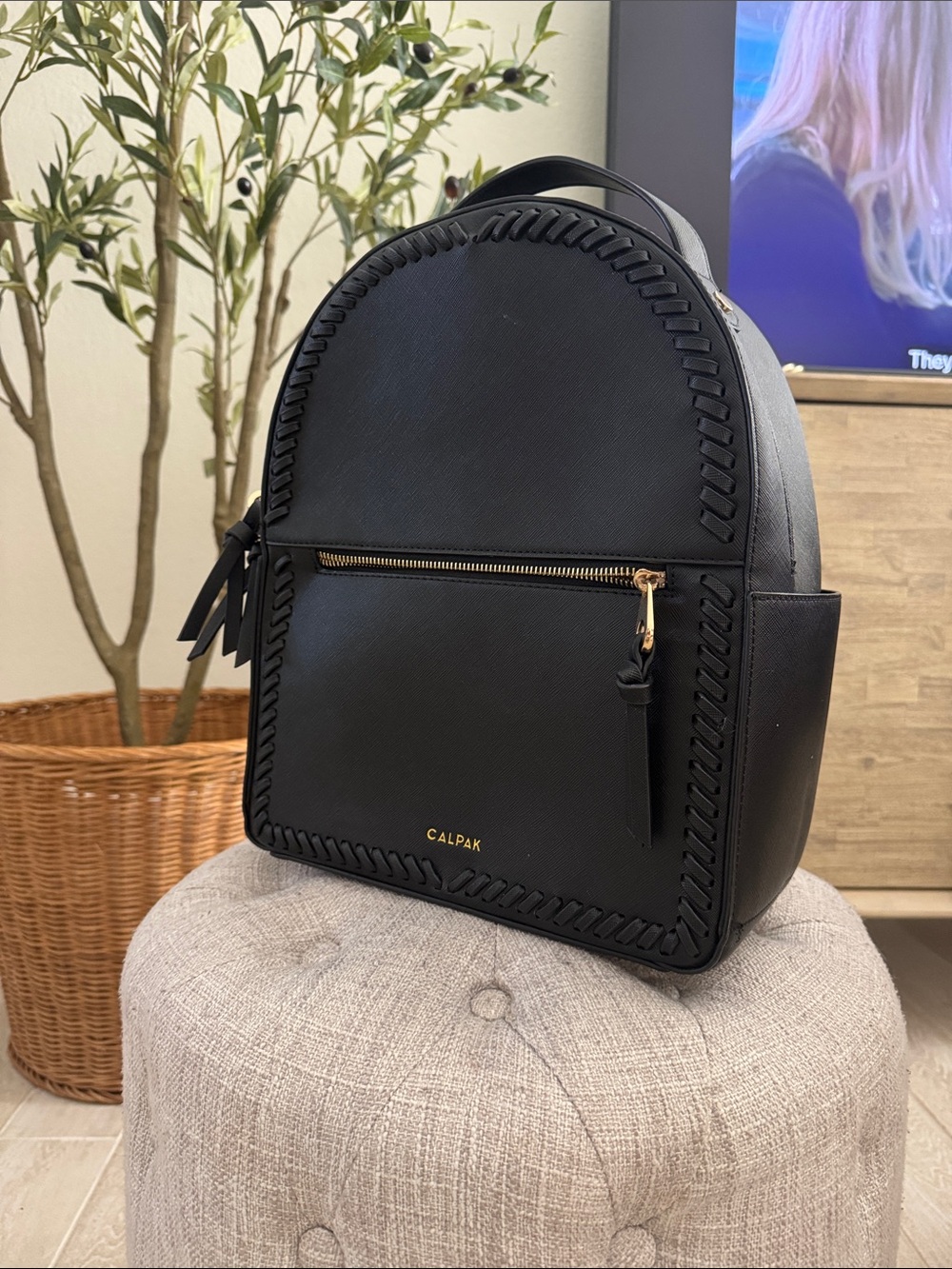 Calpak Black Faux Leather Backpack with Gold Hardware